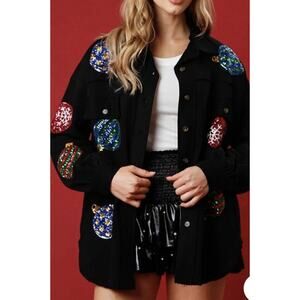 Fantastic Fawn Sequin Christmas Ornament Shacket Shirt Sz S (oversized)